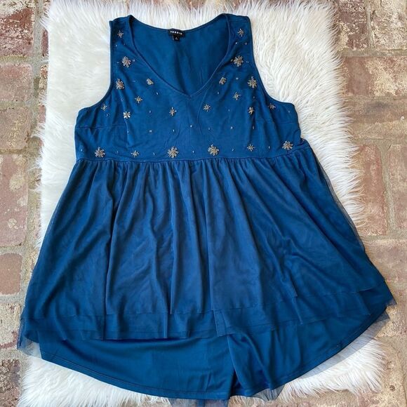 Torrid Peacock Blue Sleeveless Beaded Babydoll Longline Top Size 3 - Picture 4 of 13